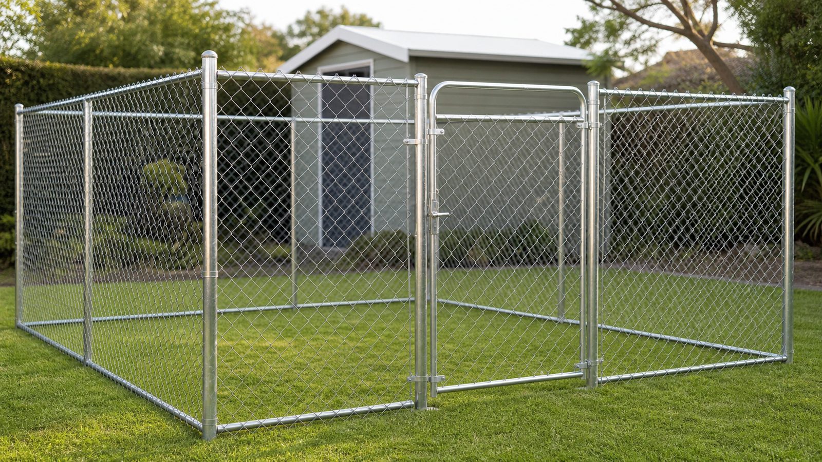 Chain wire mesh dog run enclosure with gate in an Australian backyard