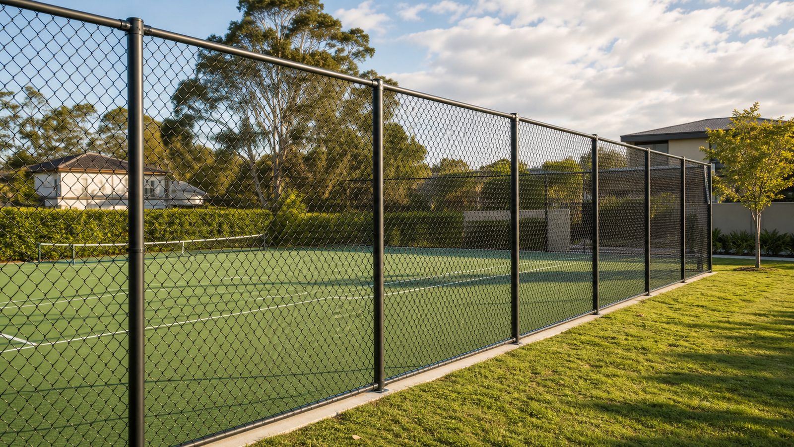 Black PVC-coated chain wire mesh fence around a Sydney tennis court