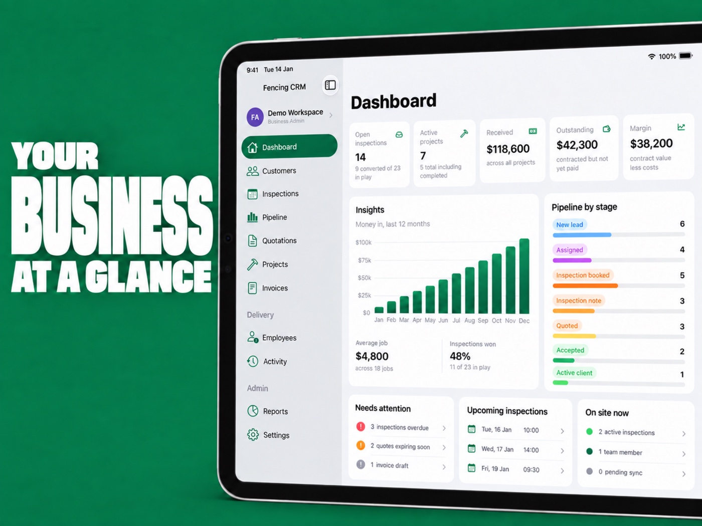 Fencing CRM business dashboard on iPad