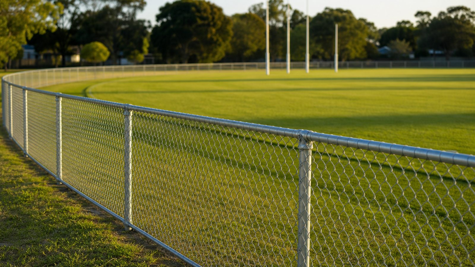 Chain wire mesh boundary fencing around a suburban football oval