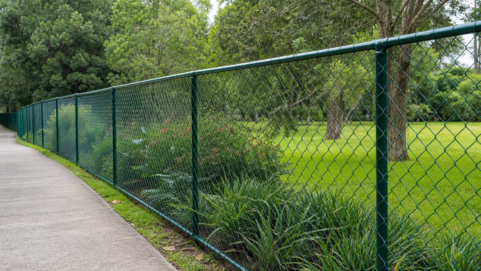 Green PVC-coated chain wire mesh fence beside a Sydney park pathway